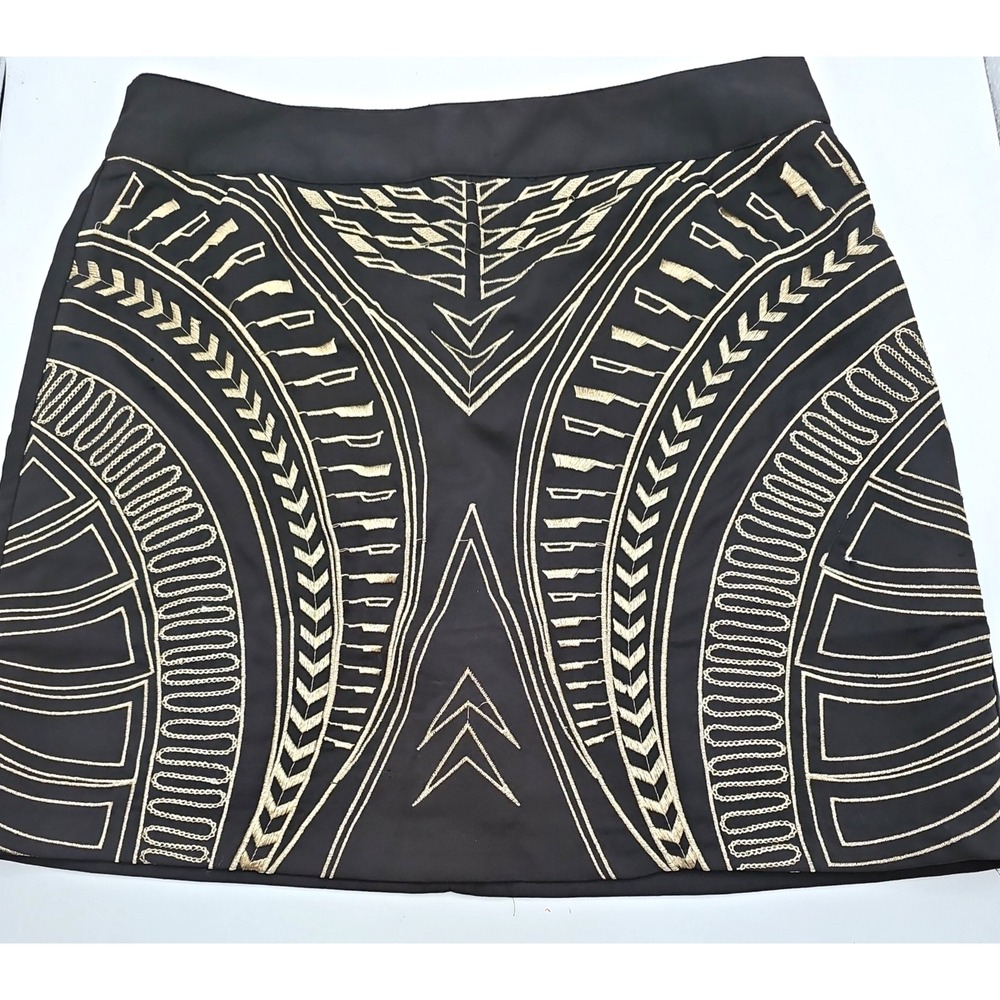 Angie Black Gold Embroidered Mini Skirt Women's M Lined Back Zip Boho